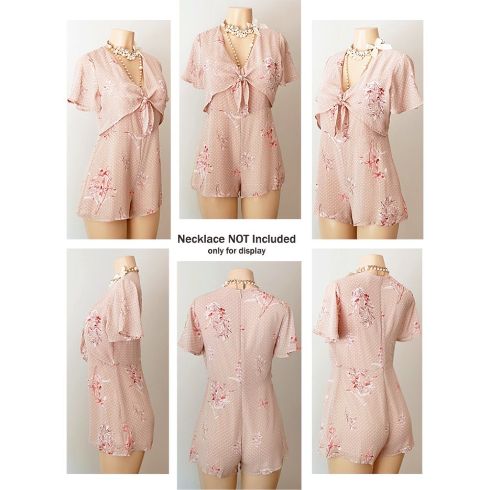 NEW Beige Polka Dots Short Sleeve Tie Front Romper - Picture 8 of 10